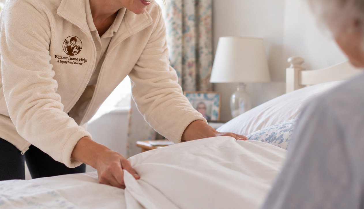 A helper in a cream Willow's Home Help fleece tucking the sheet on a bed as an older woman looks on from beside it