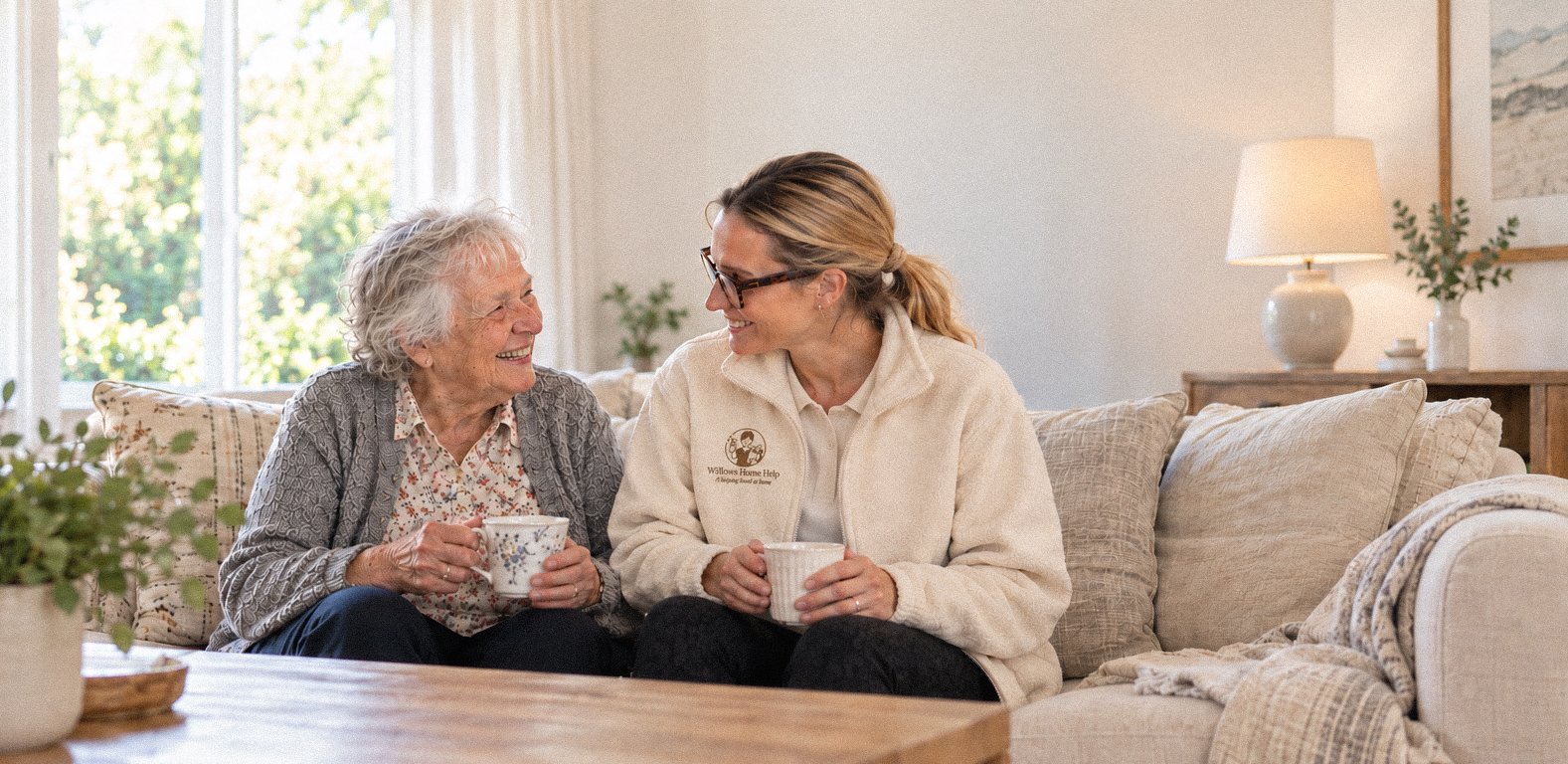 A helper in a cream Willow's Home Help fleece sitting on a sofa beside an older woman, both holding mugs and smiling at each other in a bright living room