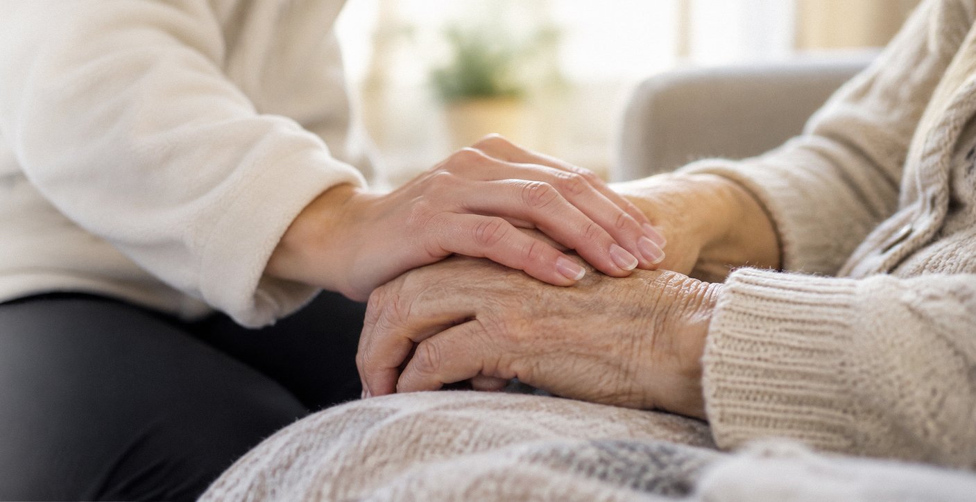 A younger hand gently resting on an older woman's hands in a bright living room