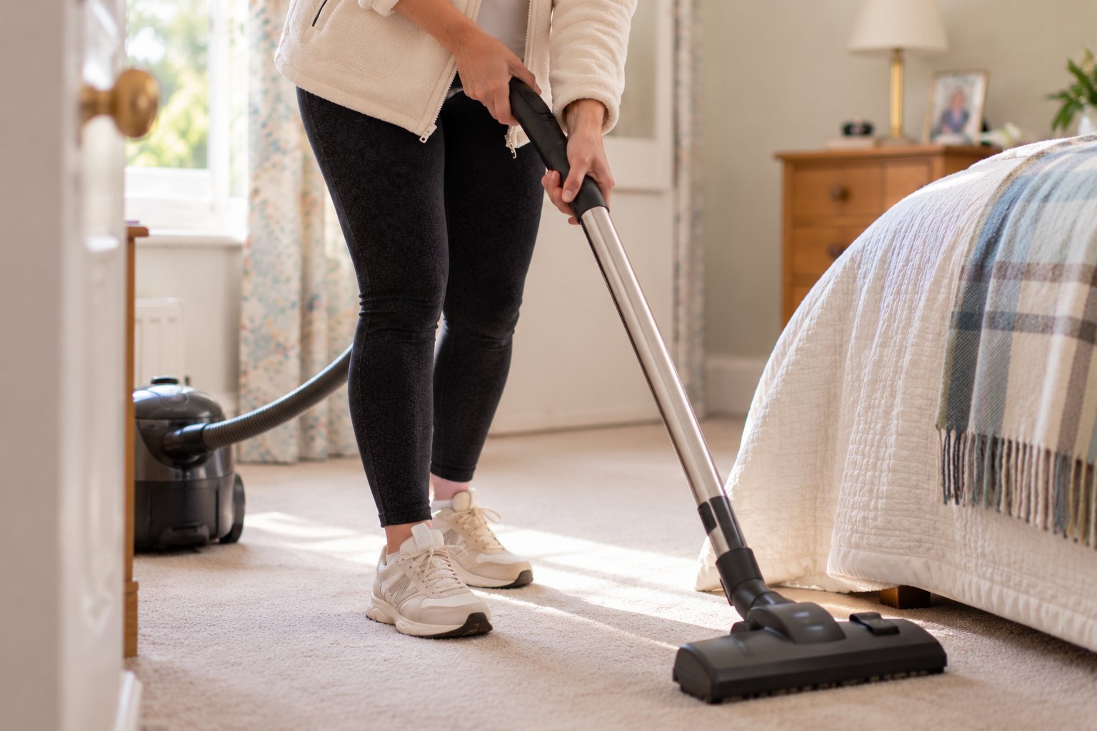 A helper in a cream jacket vacuuming a sunlit bedroom carpet, with a bed and bedside table behind