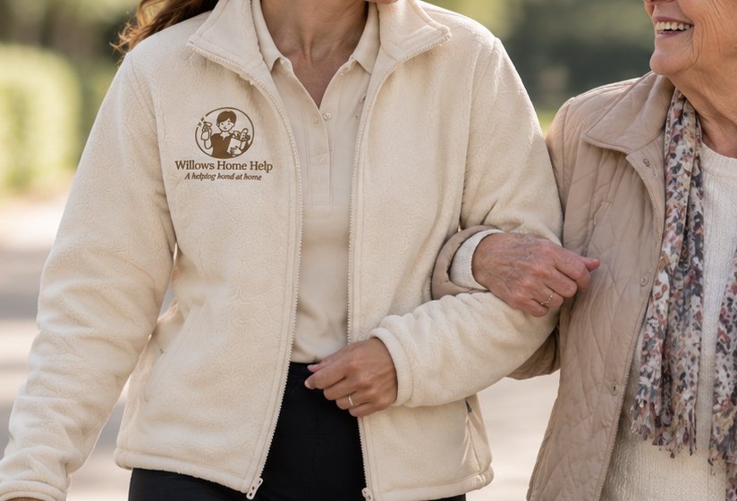 A home care assistant in a cream fleece walking arm in arm with an older woman in a quilted jacket along a sunlit path