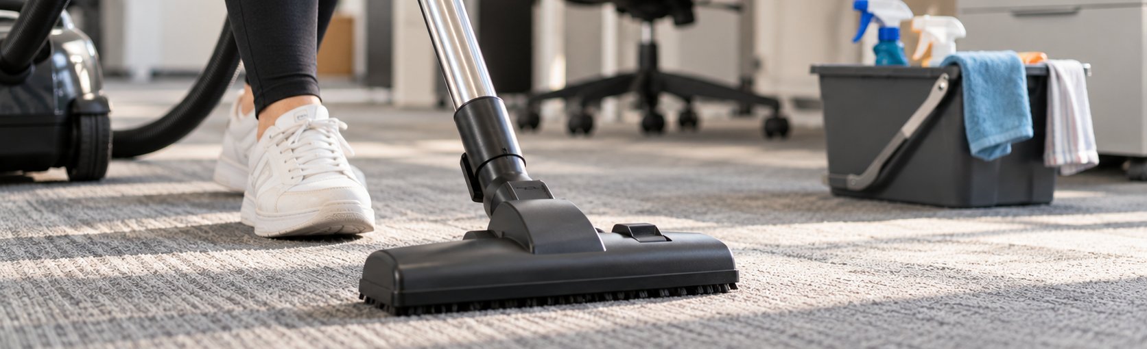 A cleaner's white shoes and a vacuum head on grey office carpet, with a caddy of spray bottles and cloths beside them